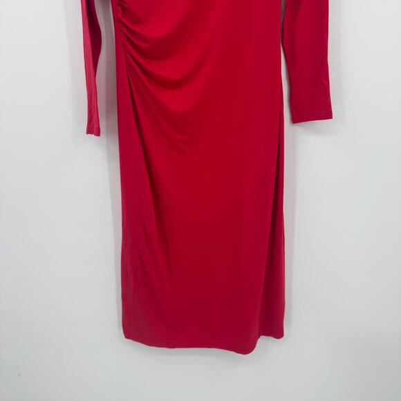 Nordstrom Red Side Ruched Long Sleeve Midi Dress Rib Knit Crew Neck Small - Picture 5 of 13